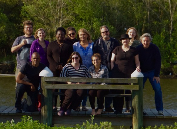 Andrew Kooy and Tad Bartlett on either side of the group at Peauxdunque's 2016 Writers' Camp in Hopedale, Louisiana. Left-to-right: Andrew Kooy, Maurice Carlos Ruffin, Susan Bennett Vallee, Denise Moore, Cassie Pruyn, Emilie Staat, Terri Shrum, Emily Capdeville, J.Ed. Marston, Susan Kagan, Emily Choate, and Tad Bartlett.